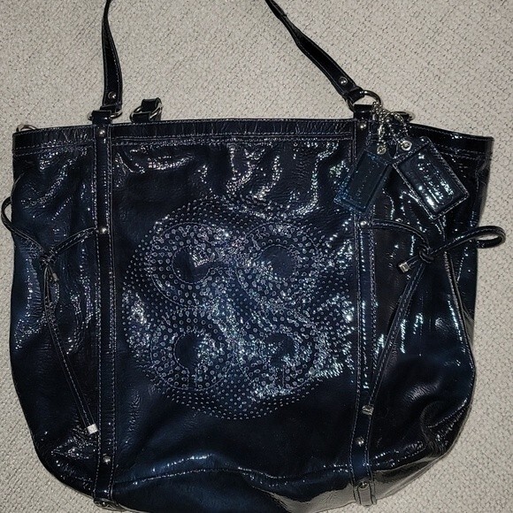 Coach Audrey Medium Metallic Navy Blue Leather Andie Cinched Shoulder Bag - Picture 1 of 9